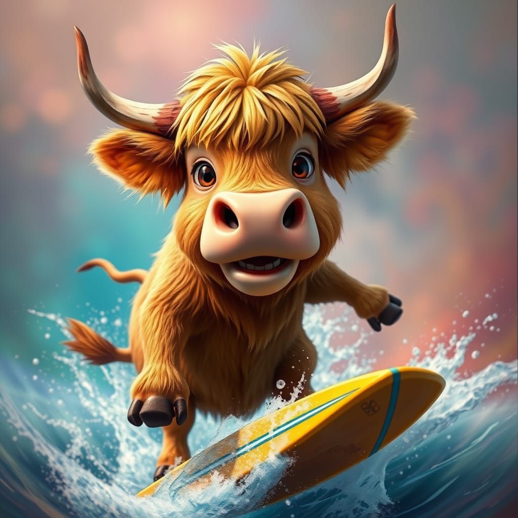 Pixar Highland Cow Surfer Smiles Brightly