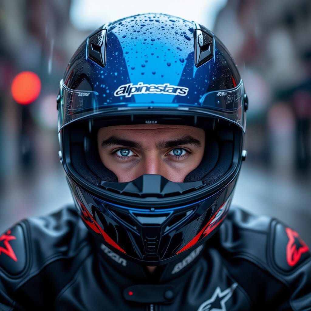 Motorcyclist with Blue Visor in Cinematic Lighting