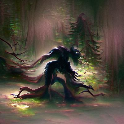 Sinister Shadow Creature in Forest: Greg Rutkowski Style