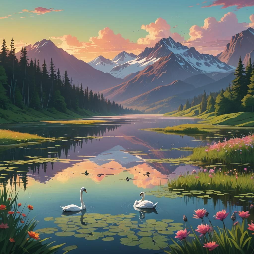 Majestic Lake Landscape in Digital Painting Style