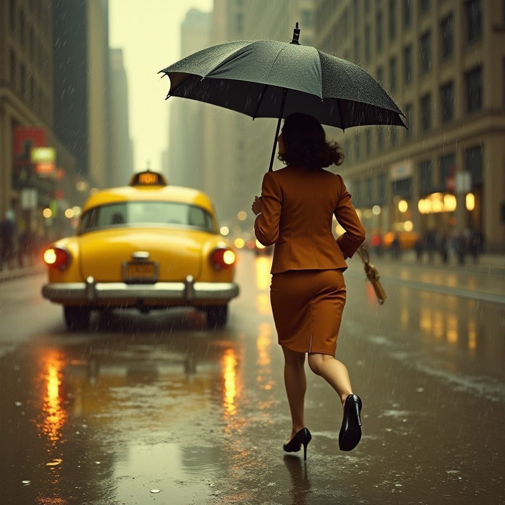 1960s Secretary in Chicago Downpour, Abstract Expressionism