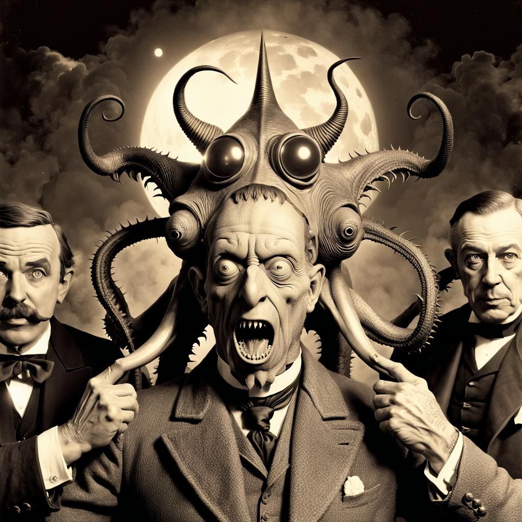 Lovecraftian Monster and Victorian Gentlemen in Sepia