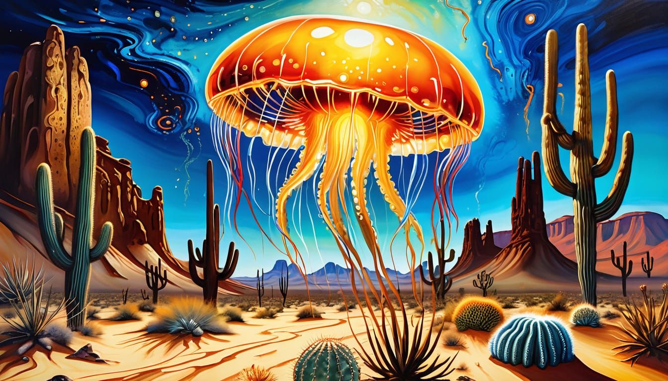 Bioluminescent Jellyfish in Desert Landscape, Surreal Oil Pa...