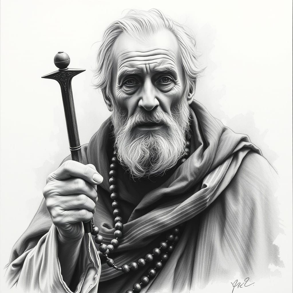 Aged Man Praying with Devout Intensity in Charcoal Drawing