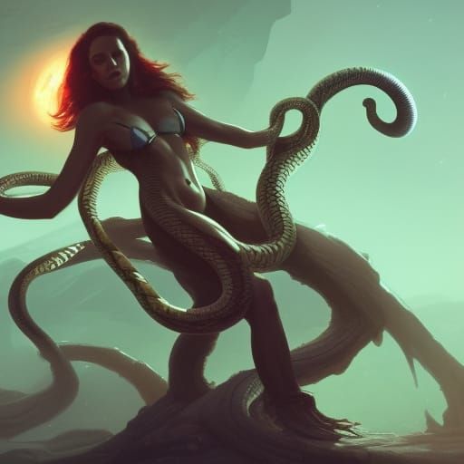 Alien Snake Coiling Around Woman: Dark Fantasy Art