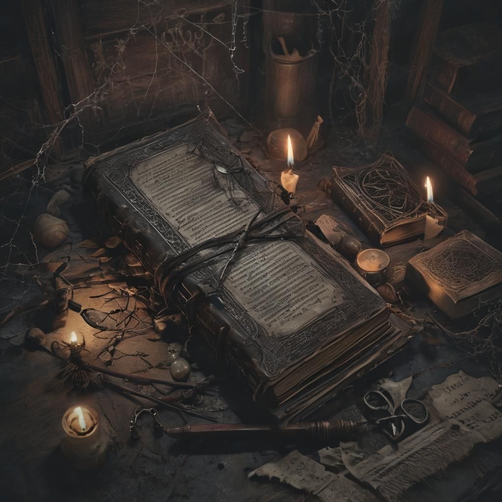 Sinister Cursed Book of Spells in Dark Attic