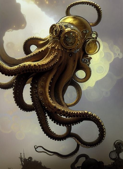 Golden Octopus Portrait in Art Nouveau Style