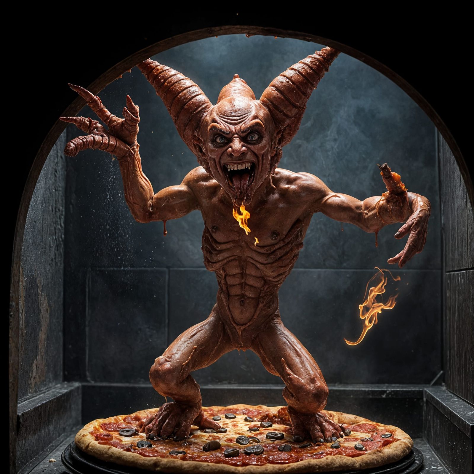 Grotesque Demon Pizza Maker in a Fiery Oven Altar