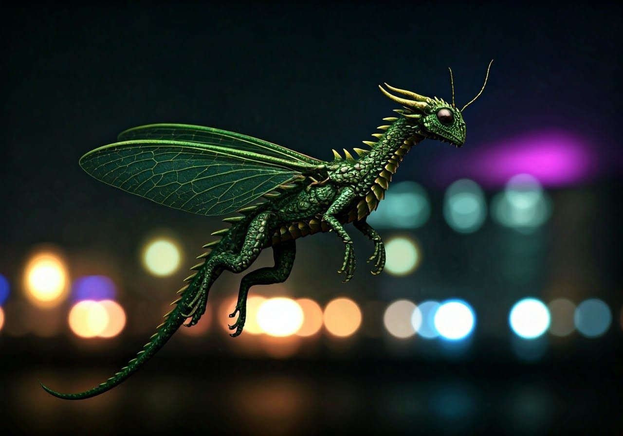 Fluorescent Dragon Flies Through Cyberpunk City Night
