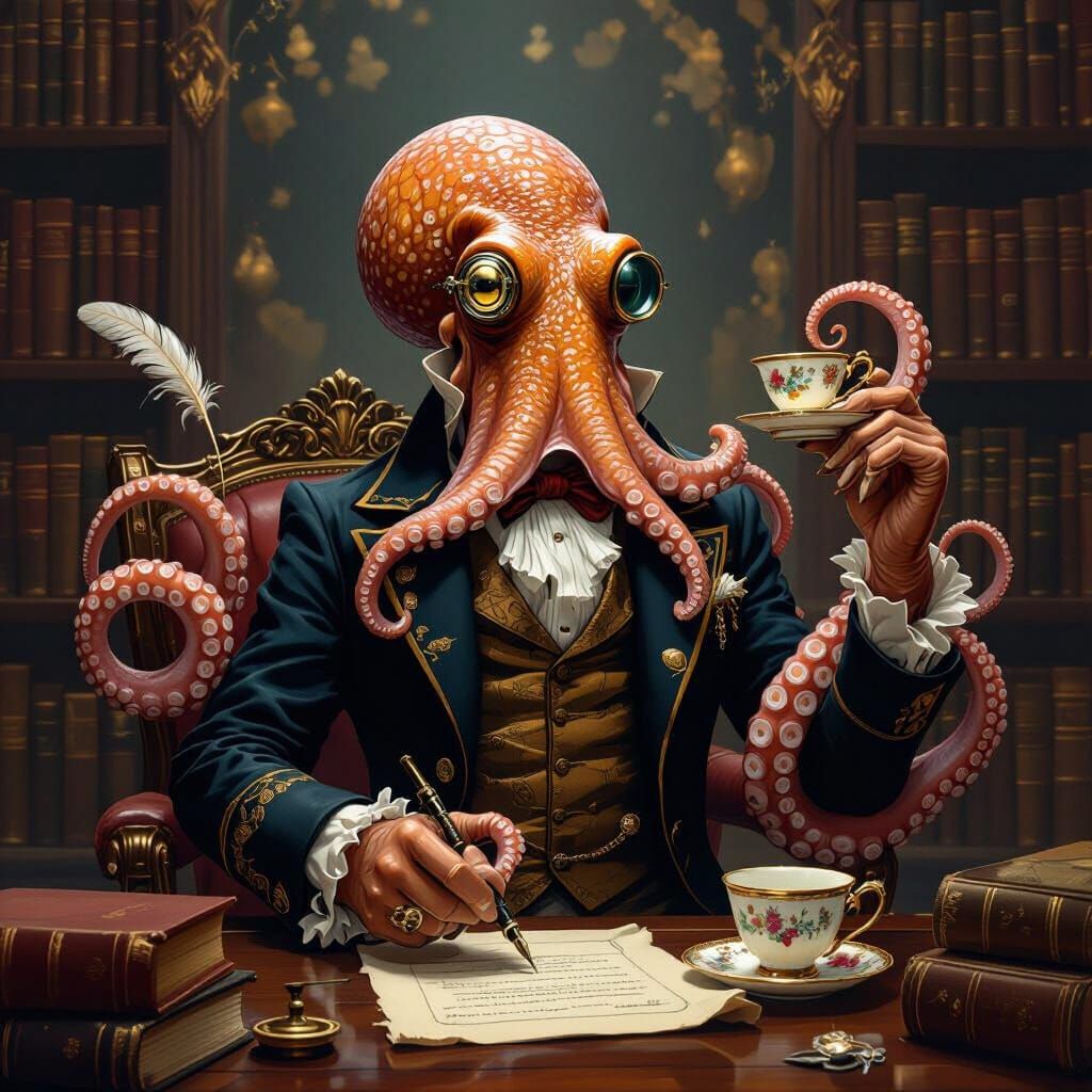 Victorian Octopus Scholar in Opulent Library Digital Paintin...
