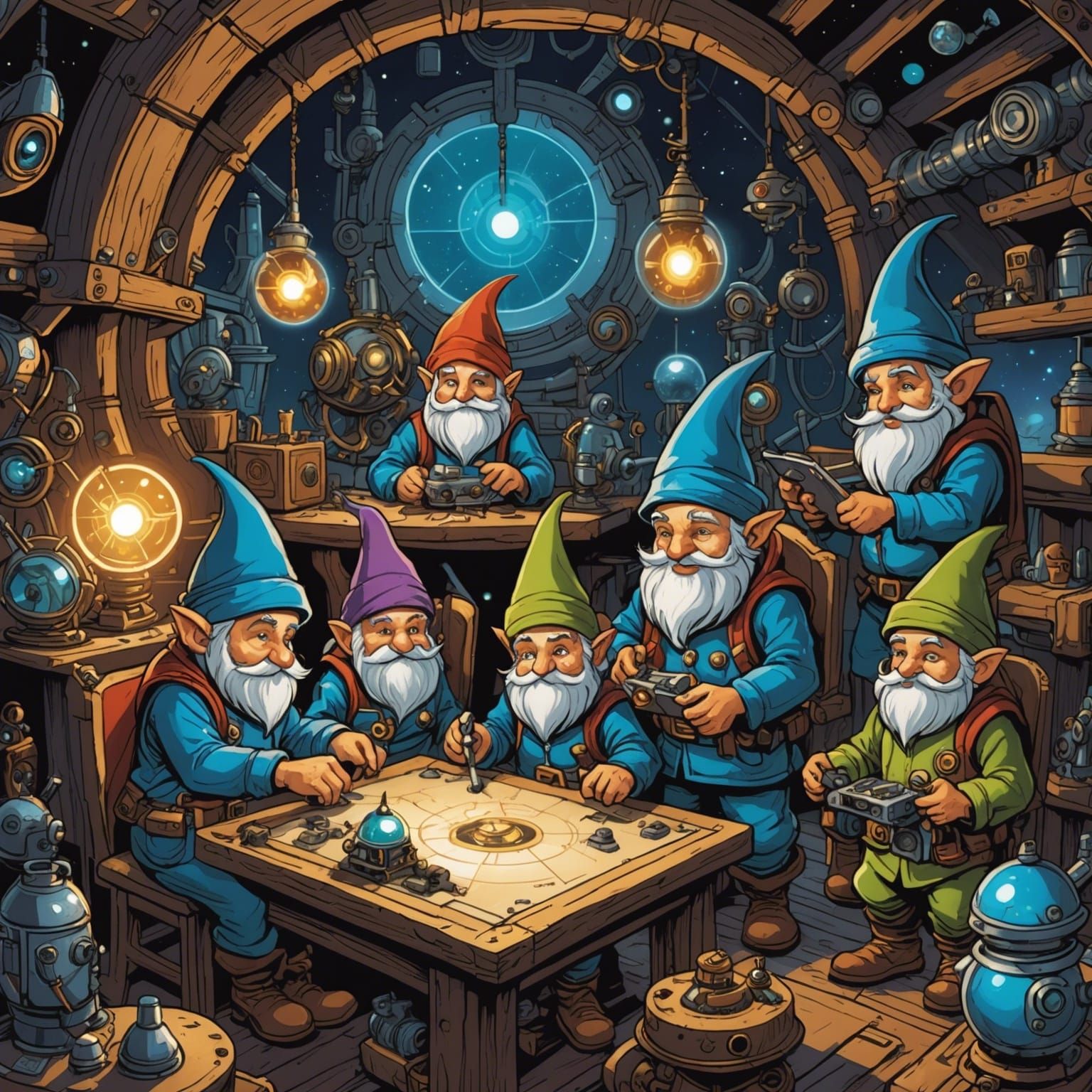 Gnomes in Galactic Workshop Building Clockwork Wonders