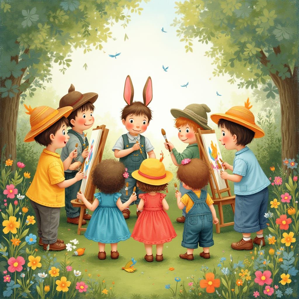 Children Painting in a Vibrant Garden: Whimsical Art