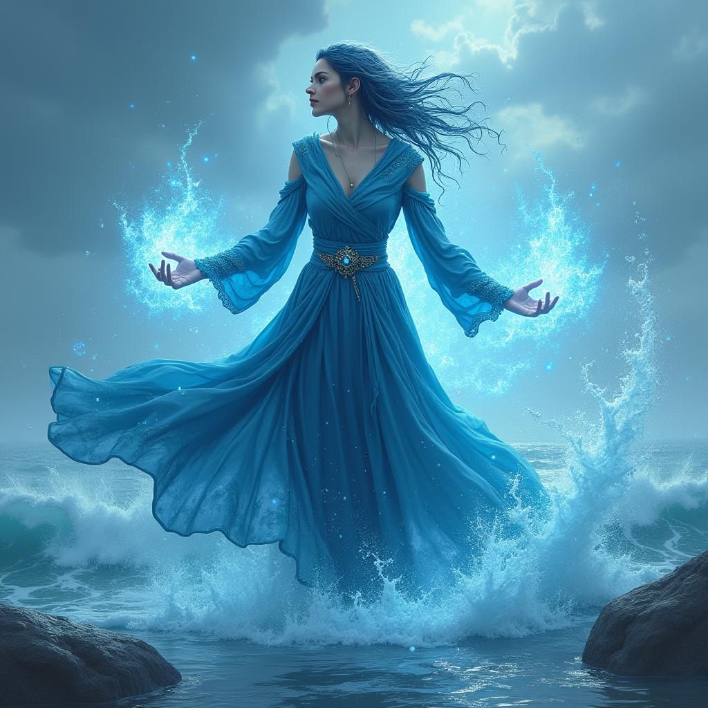 Water Mage Summons Tidal Wave: Fantasy Concept Art