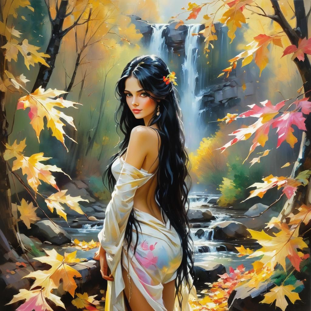 Goddess in Autumn Leaves: Garmash-Style Oil Painting