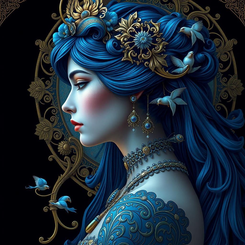 Art Nouveau Portrait of a Blue Lady