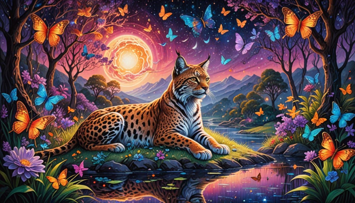 Surreal Cosmic Landscape with Resting Iberian Lynx and Vibra...