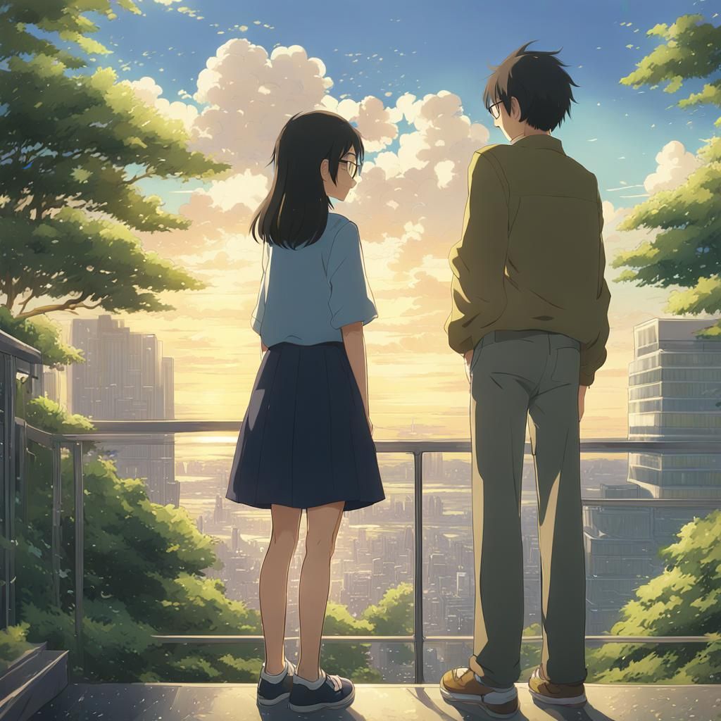 Anime Key Visual of Couples Separating at Sunset