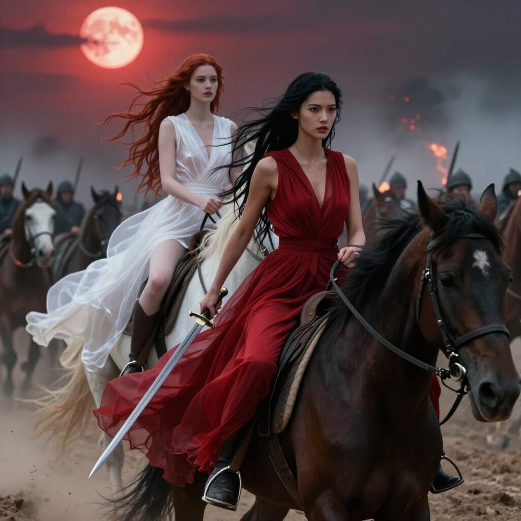 Fierce Warrior Woman Leads Cavalry Charge in Dark Fantasy