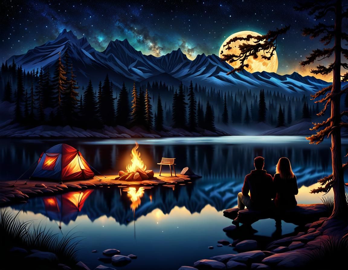 Romantic Lakefront Camping Scene in Hyperrealistic Digital A...