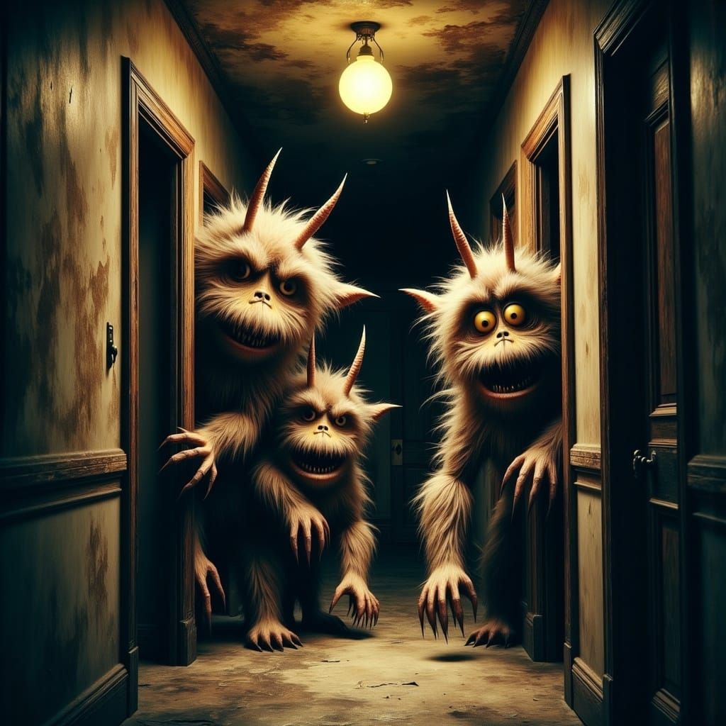 Whimsical Monsters in a Mysterious Hallway Scene
