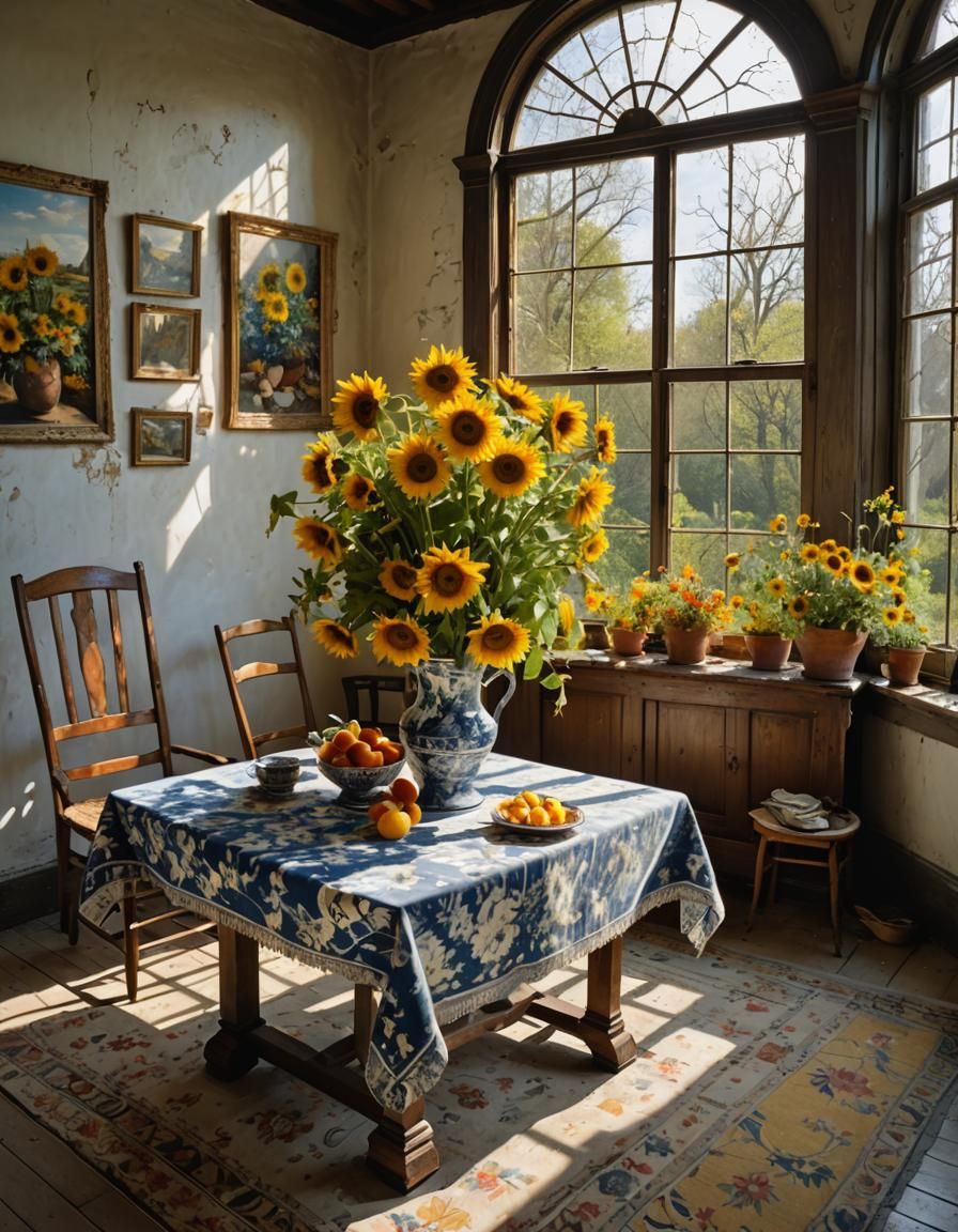 Floral Still Life with Sunflowers in Surreal Style