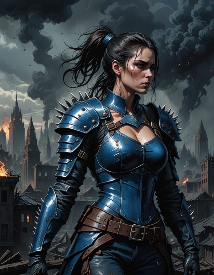 Armored Maiden Amidst Fiery Ruin in Dark Fantasy Style
