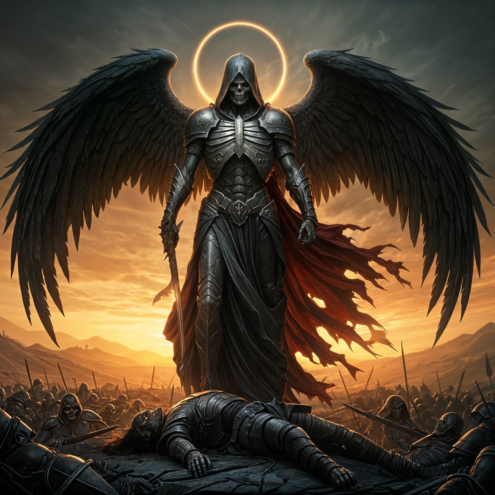 Skeletal Angel of Death Standing Over Fallen Warrior