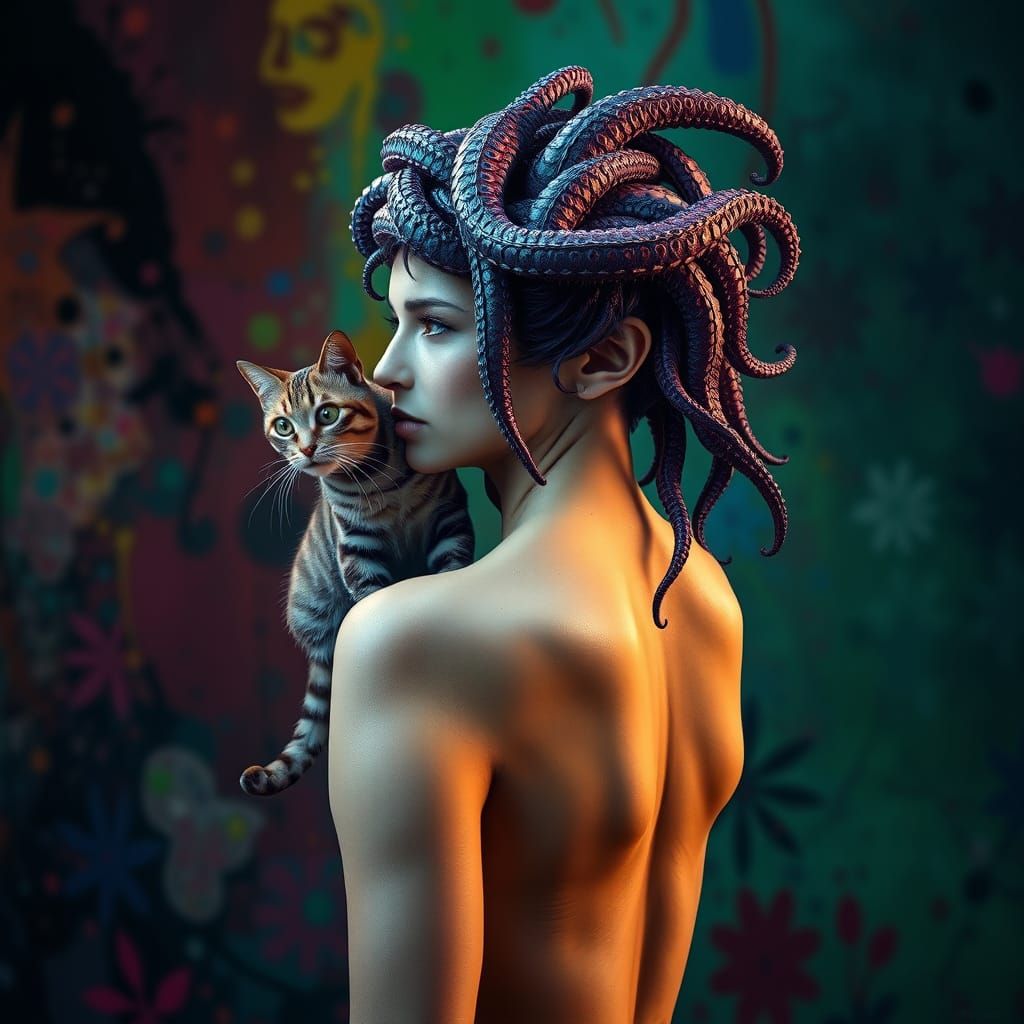 Woman with Tentacle Hair and Cat, Hyperrealistic Splash Art