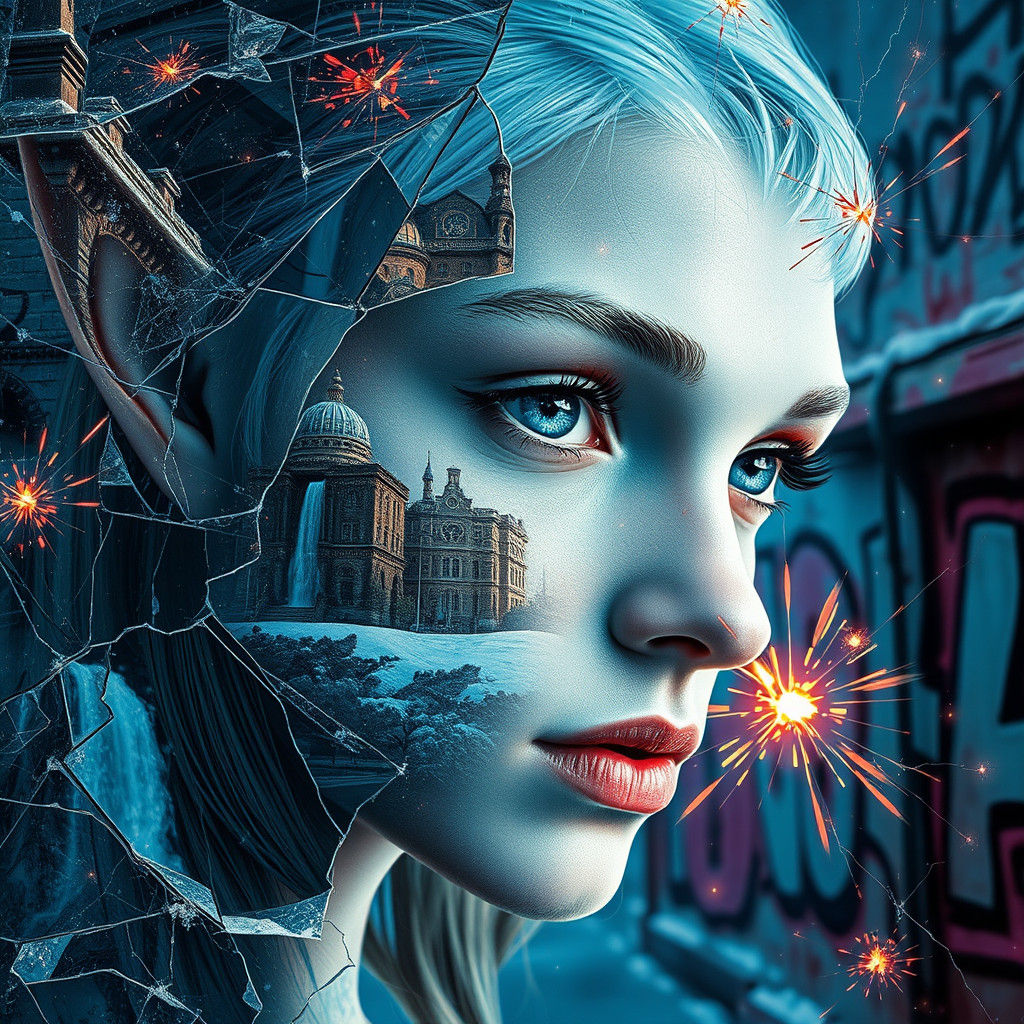 Shattered Glass Elf Face in Winter Wonderland