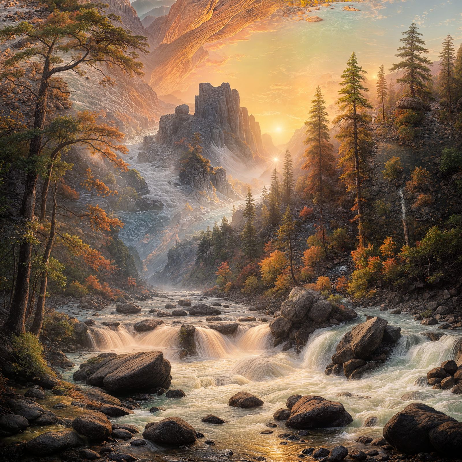 River in Vibrant Sunrise Landscape with Boulders and Trees