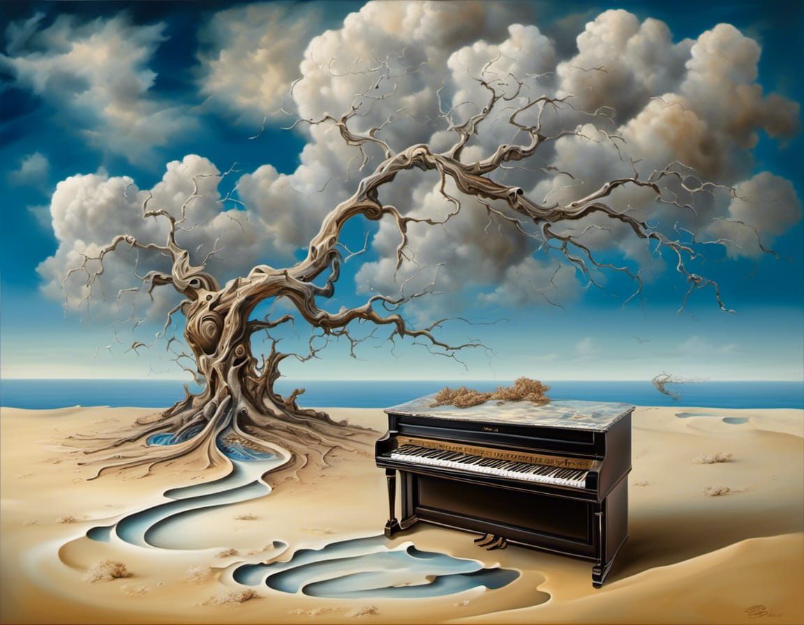 Surreal Desert Landscape with Melting Piano Keys