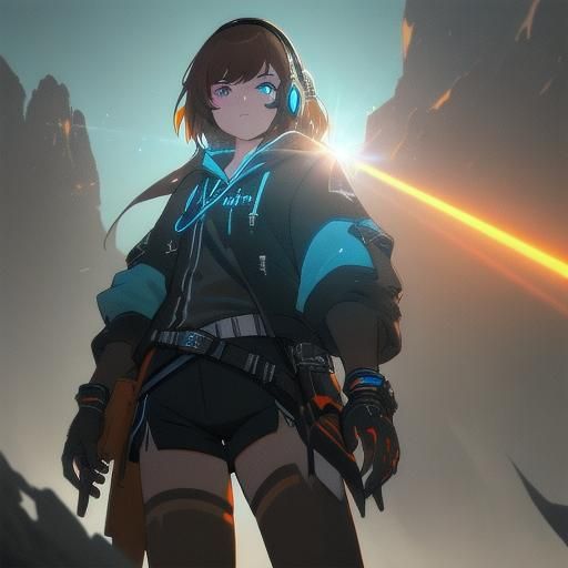 Girl with Glowing Headset in High-Contrast Colors