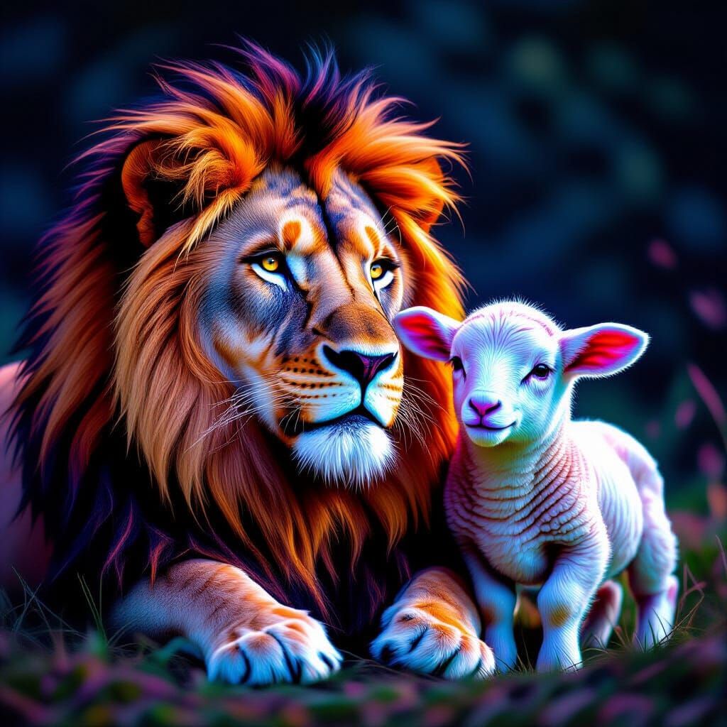 Lion and Lamb in Neon Colors, Hyperrealistic Detail