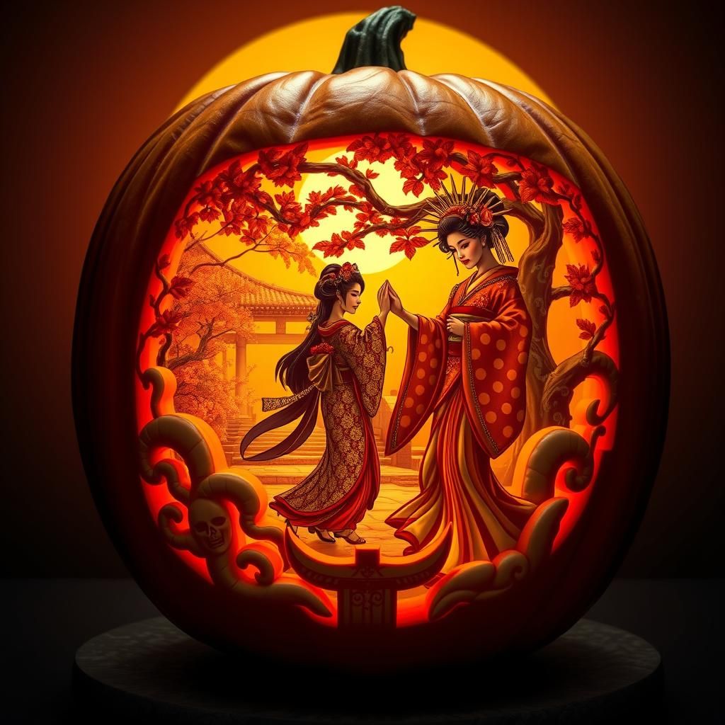 Geishas Dancing in Carved Pumpkin, Ukiyo-e Style