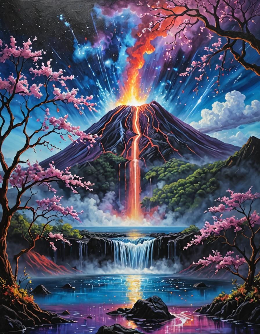 Underwater Volcano Oil Painting with Nebula Sky