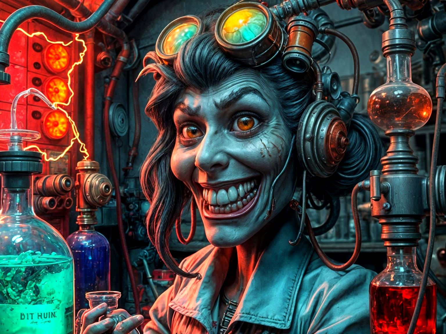 Mad Female Scientist in a Steampunk Laboratory