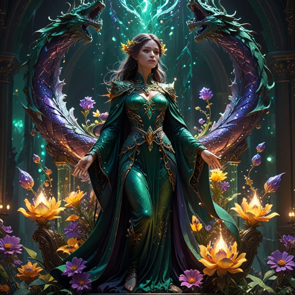 Ethereal Sorceress Ascends Amidst Vibrant, Glowing Dragon