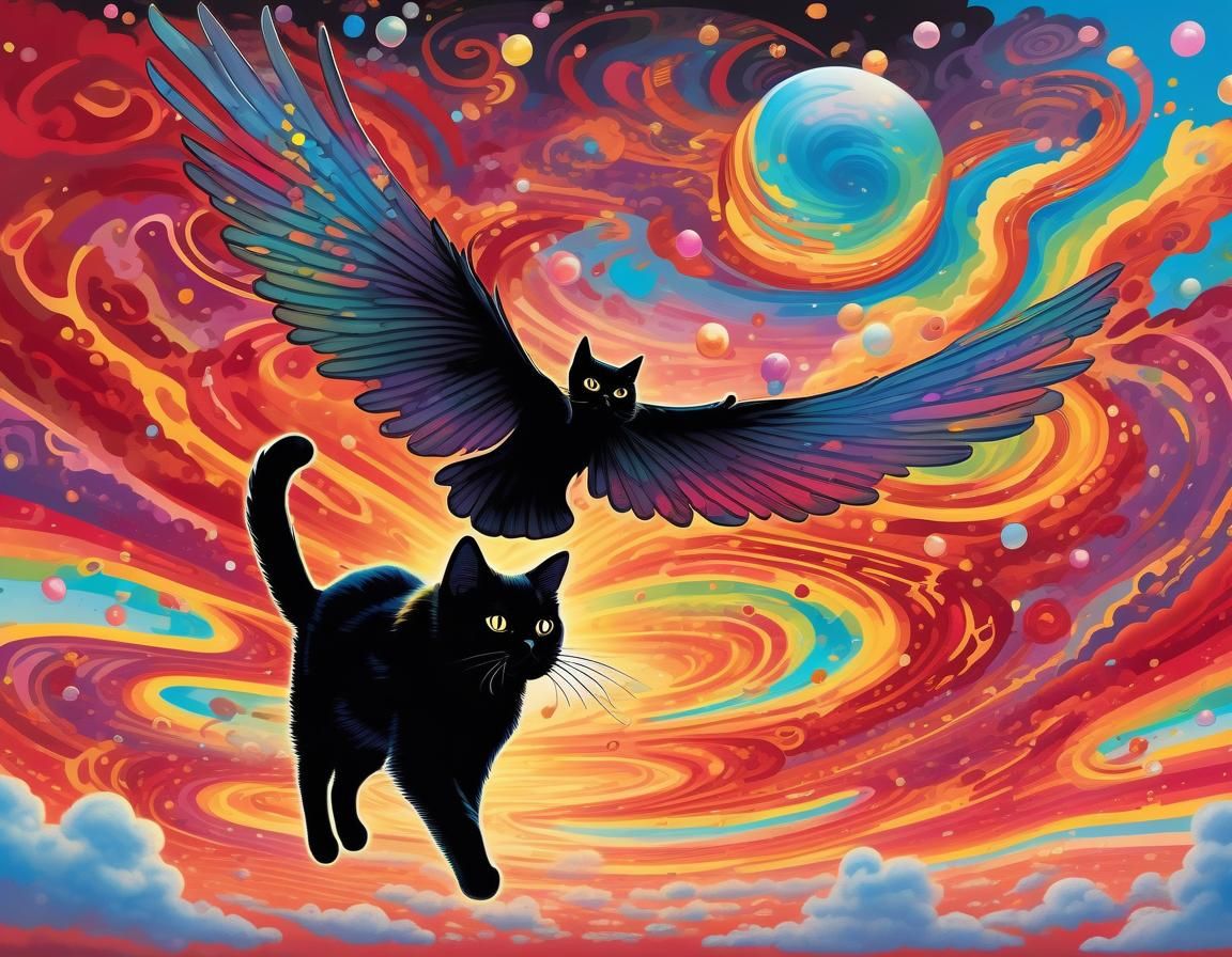 Black Cat with Angel Wings in Ethereal Heaven