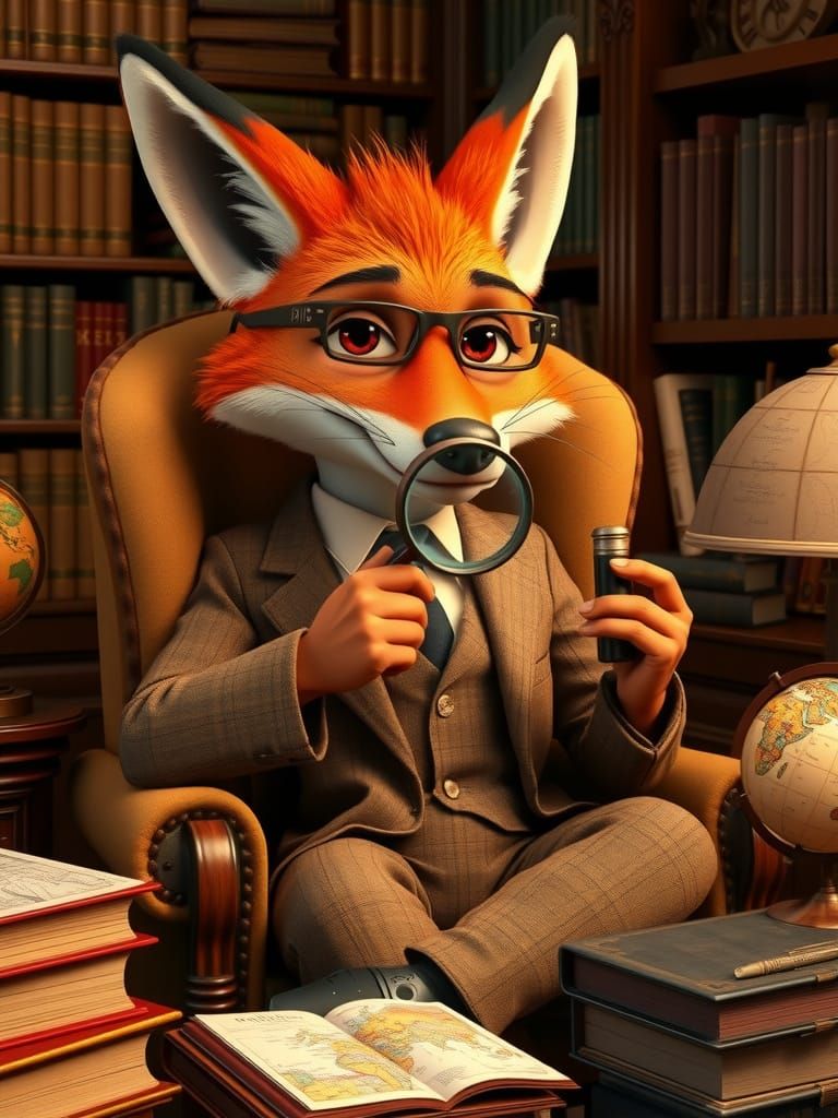 Anthropomorphic Fox Gentleman in Cozy Library, Pixar Style