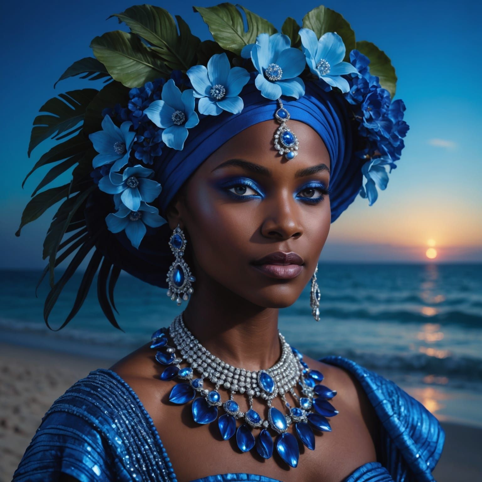 Hyperrealistic Portrait of Haitian Creole Dancer in Blue