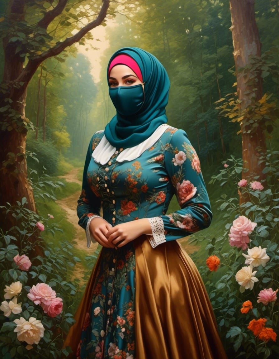 Mystic Forest Beauty with Facemask as Oil Painting