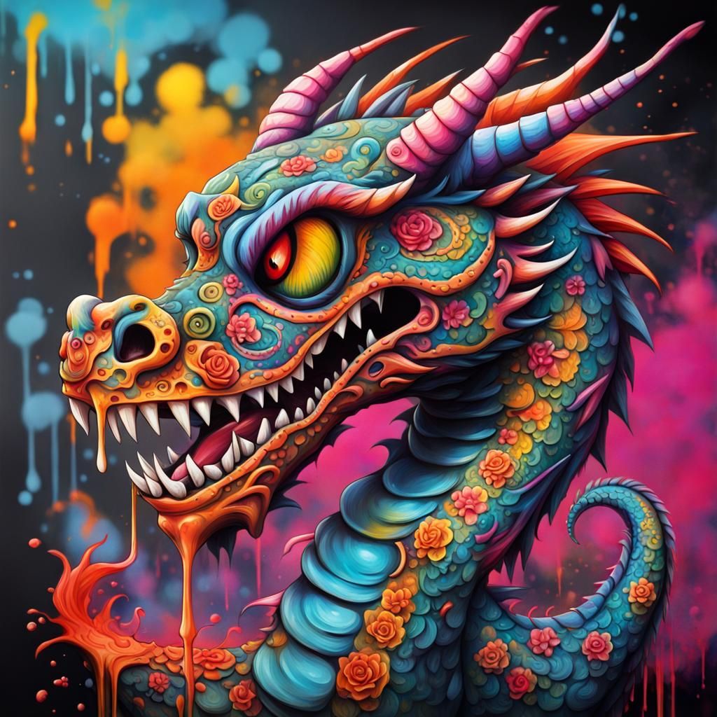 Colorful Day of the Dead Dragon Graffiti Art