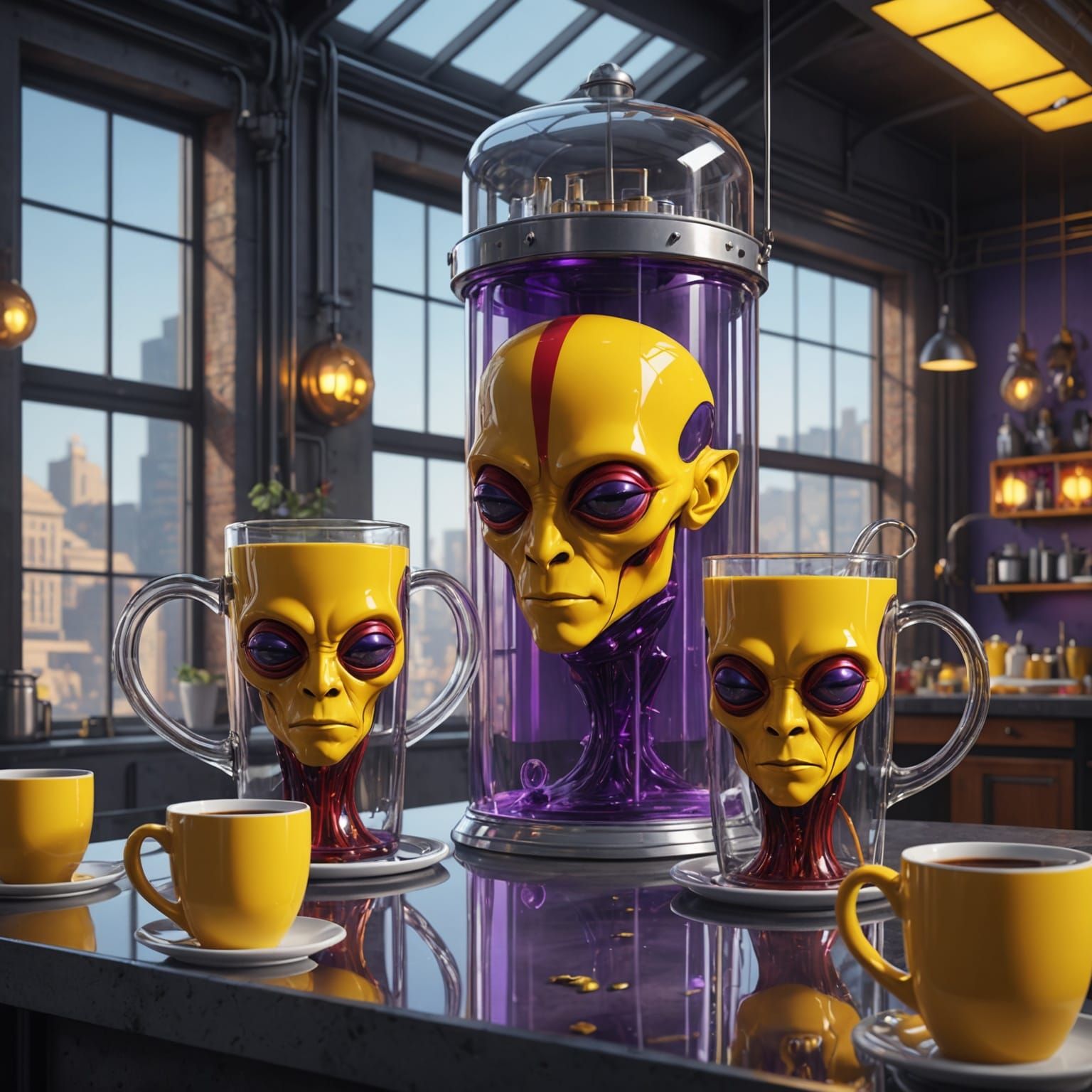 Aliens in Water Tower with Coffee Mugs