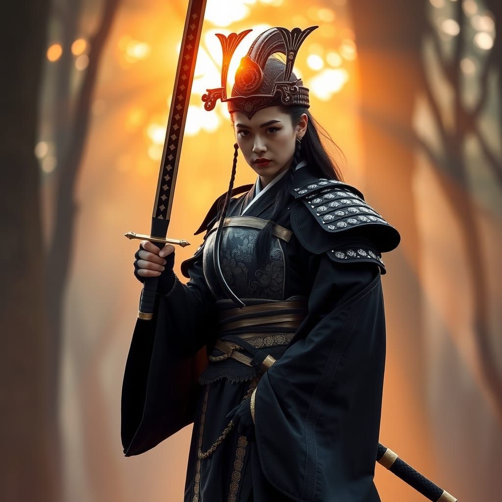 Heroic Samurai Woman in Misty Forest
