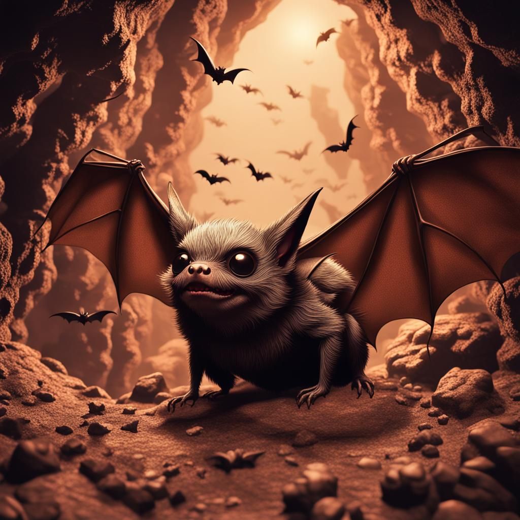 Cute Bat in Cave: Hyperrealistic Vaporwave Art
