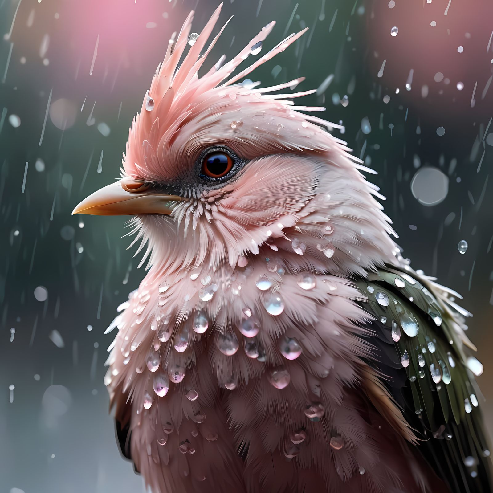 Small Pastel Pink Crested Bird in the Rain