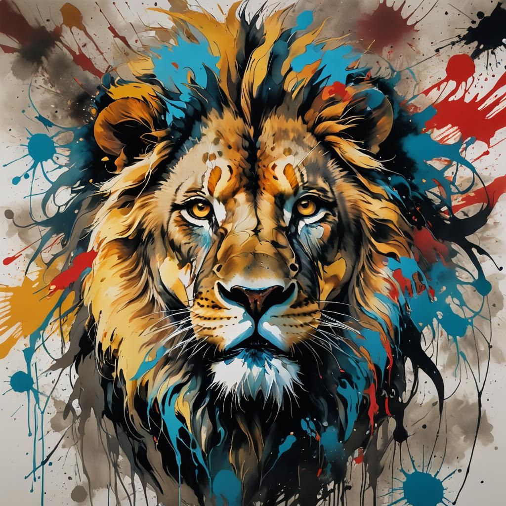 Wild Spirit: Captivating Lion Portrait in Surreal Ink Splatt...