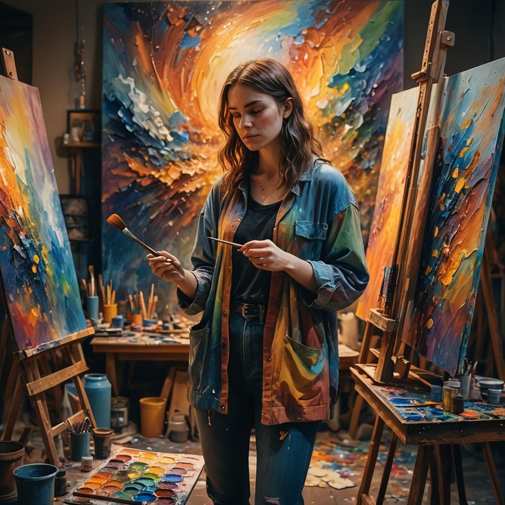 Creative Girl in Cozy Art Studio, Oil Painting Style