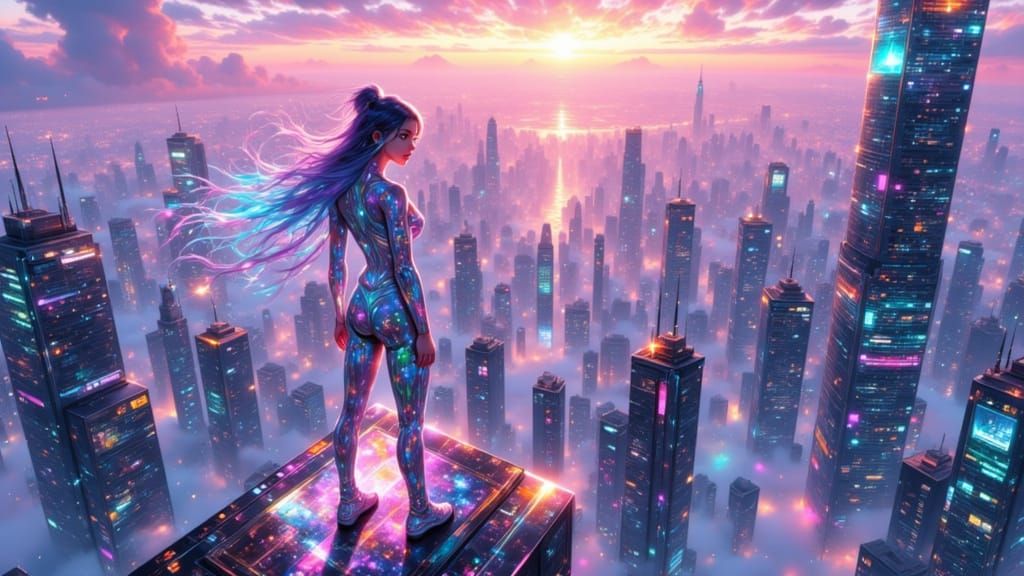 Iridescent Anime Heroine on Neon Skyscraper
