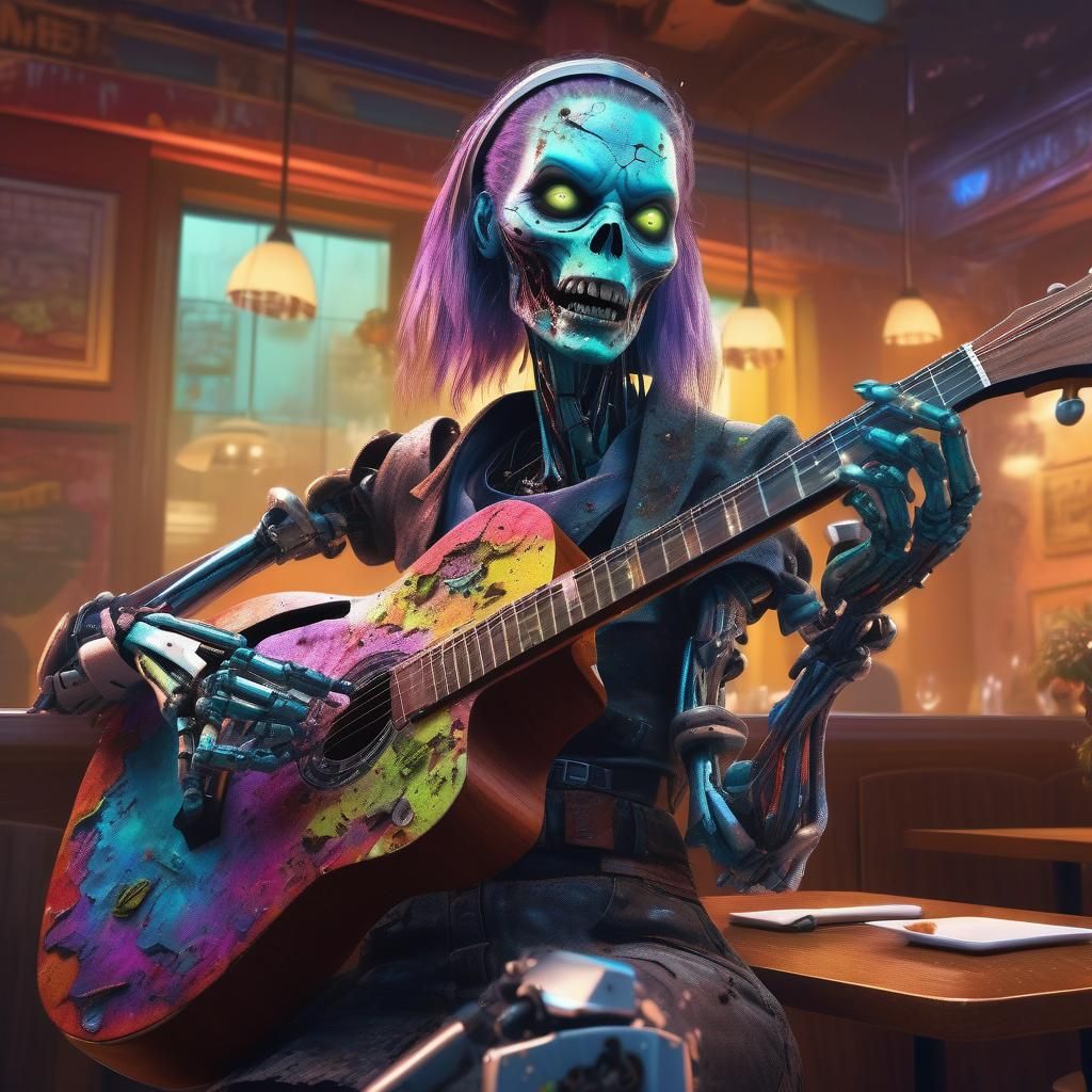 Zombie Robot Plays Guitar: Hyperrealistic Splash Art